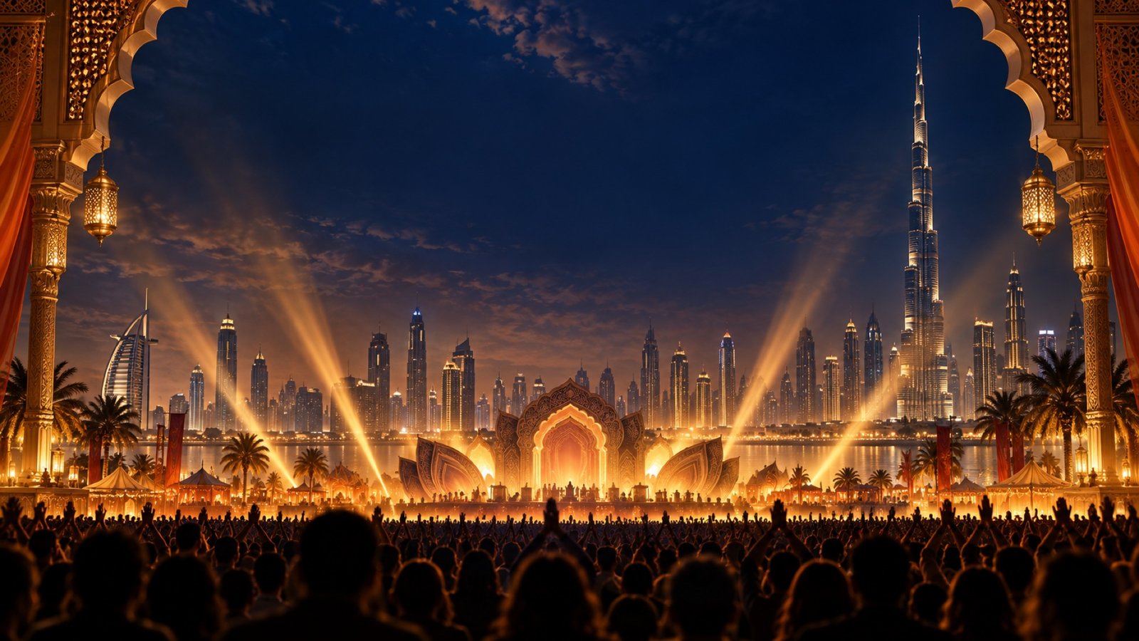 Concept artwork of an illuminated festival stage against a Dubai-inspired skyline